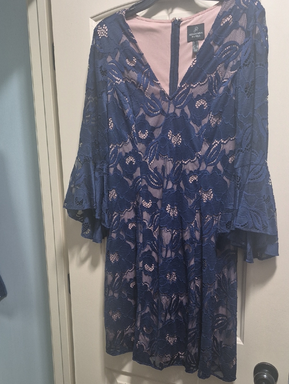 Adrianna Papell Navy Lace Fit-and-Flare Dress with Blush Lining